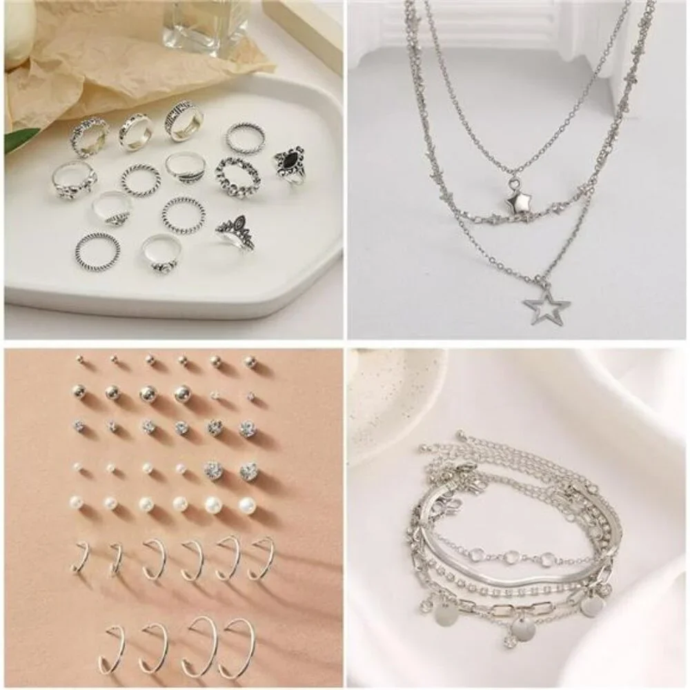 37pcs silver jewelry set necklaces bracelets hoop earrings rings cuffs for women
